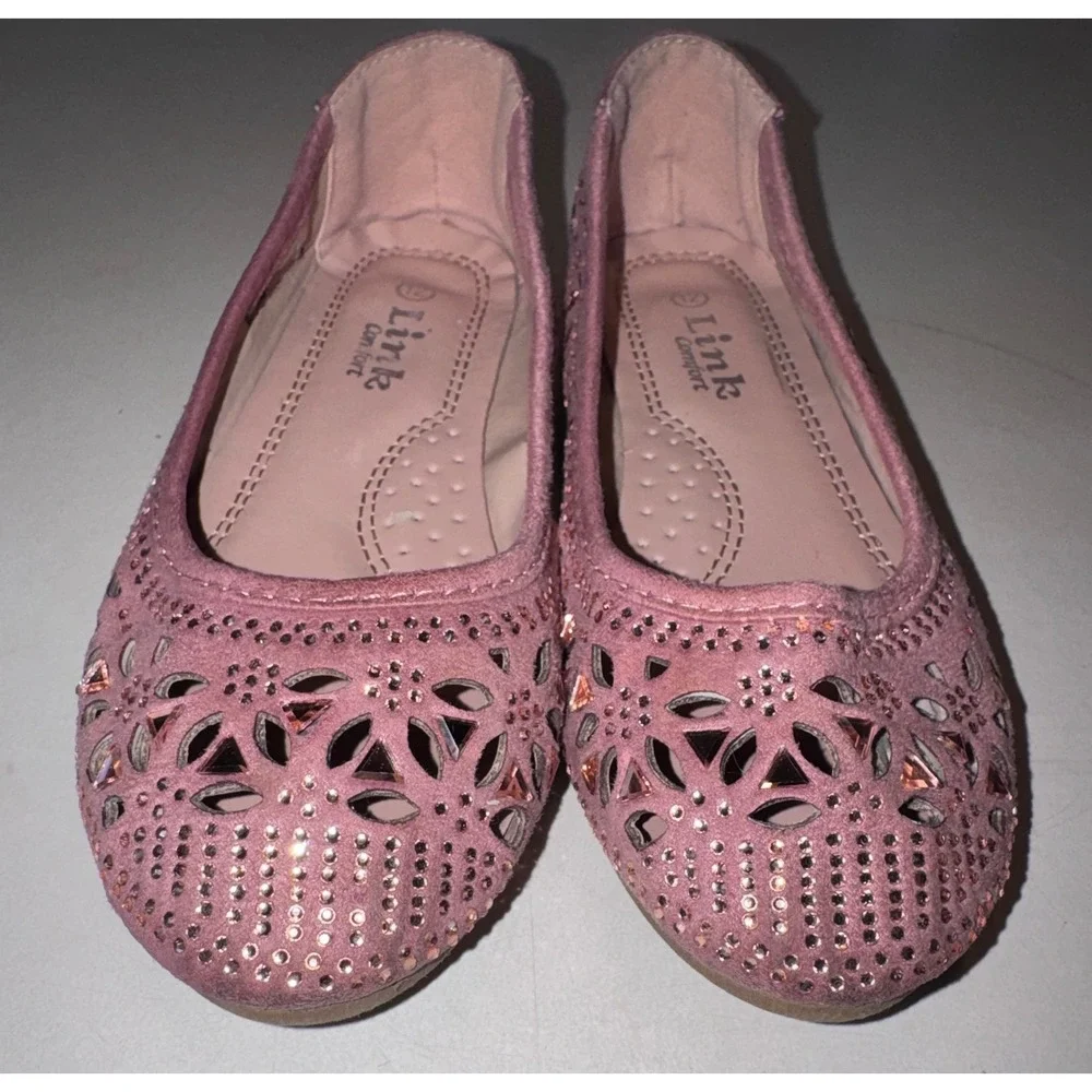 Link Comfort Girl's Pink Rhinestone Laser Cut Floral Ballet Dress Flats Size 12